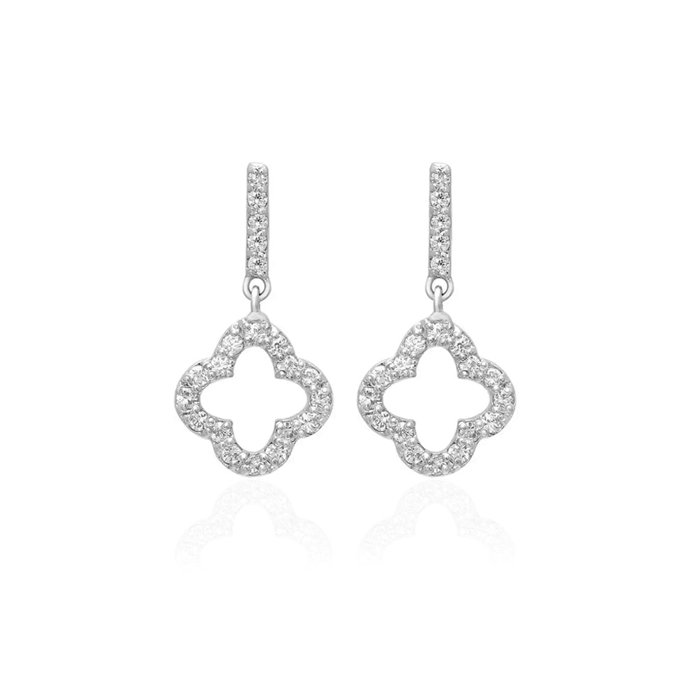 Long Clover Hollow Silver Earrings with Cubic Zirconia