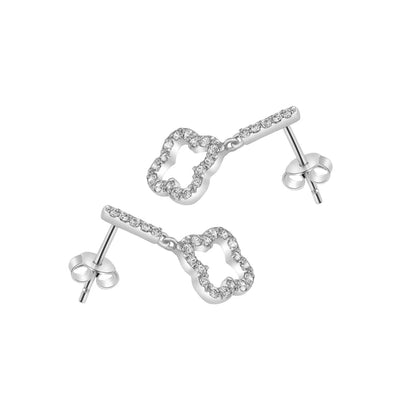 Long Clover Hollow Silver Earrings with Cubic Zirconia