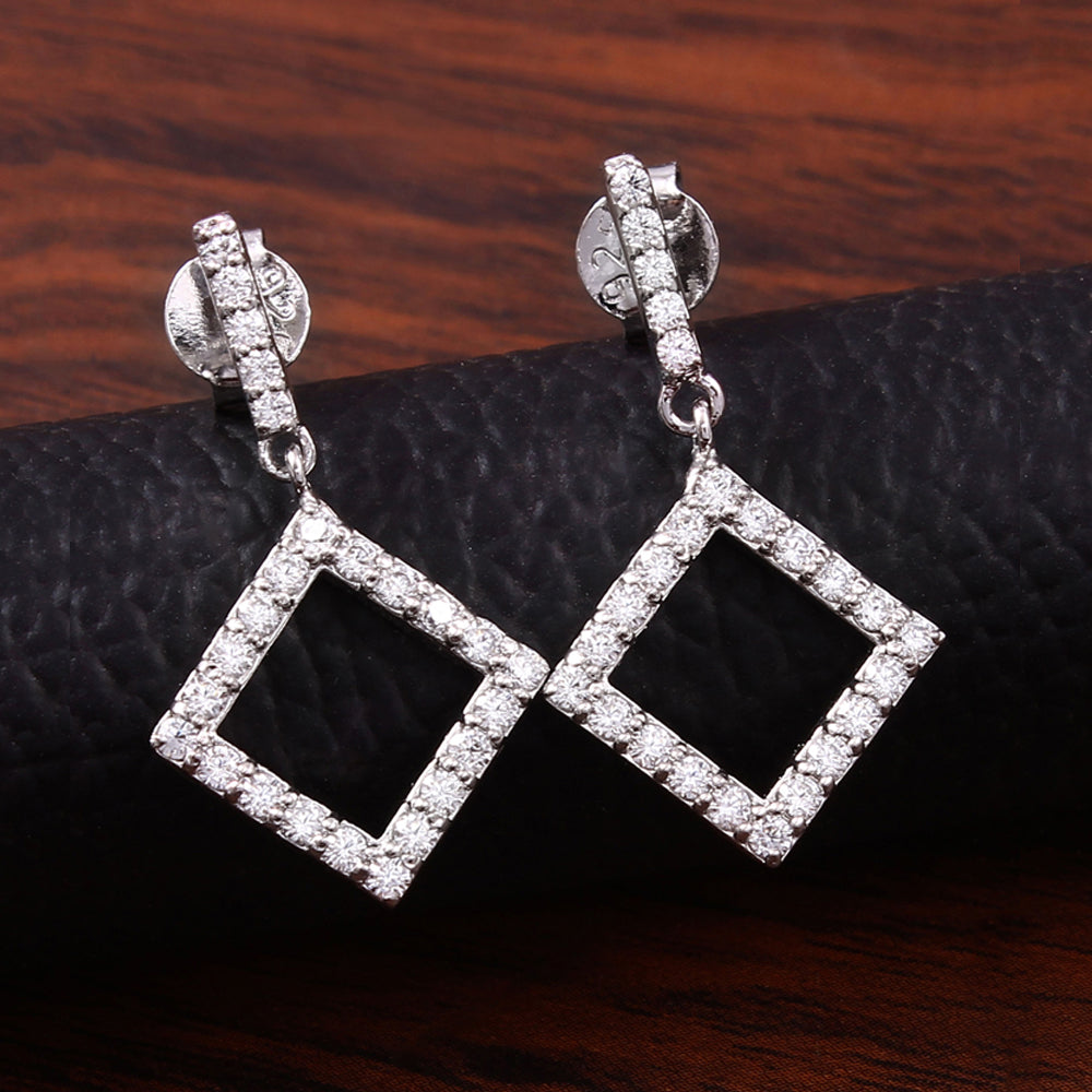 Long Square Hollow Silver Earrings with Cubic Zirconia