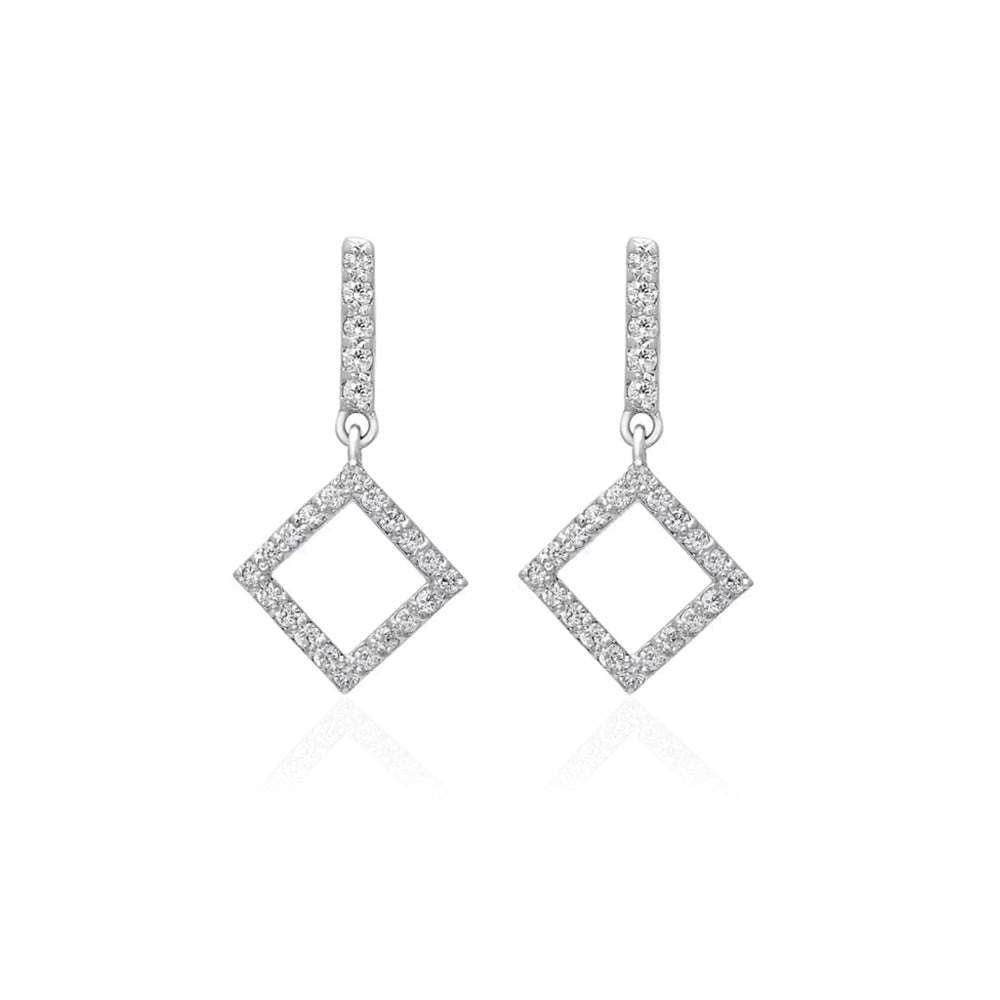 Long Square Hollow Silver Earrings with Cubic Zirconia