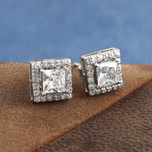 Stylish Square Silver Earrings with CZ Cluster Accents