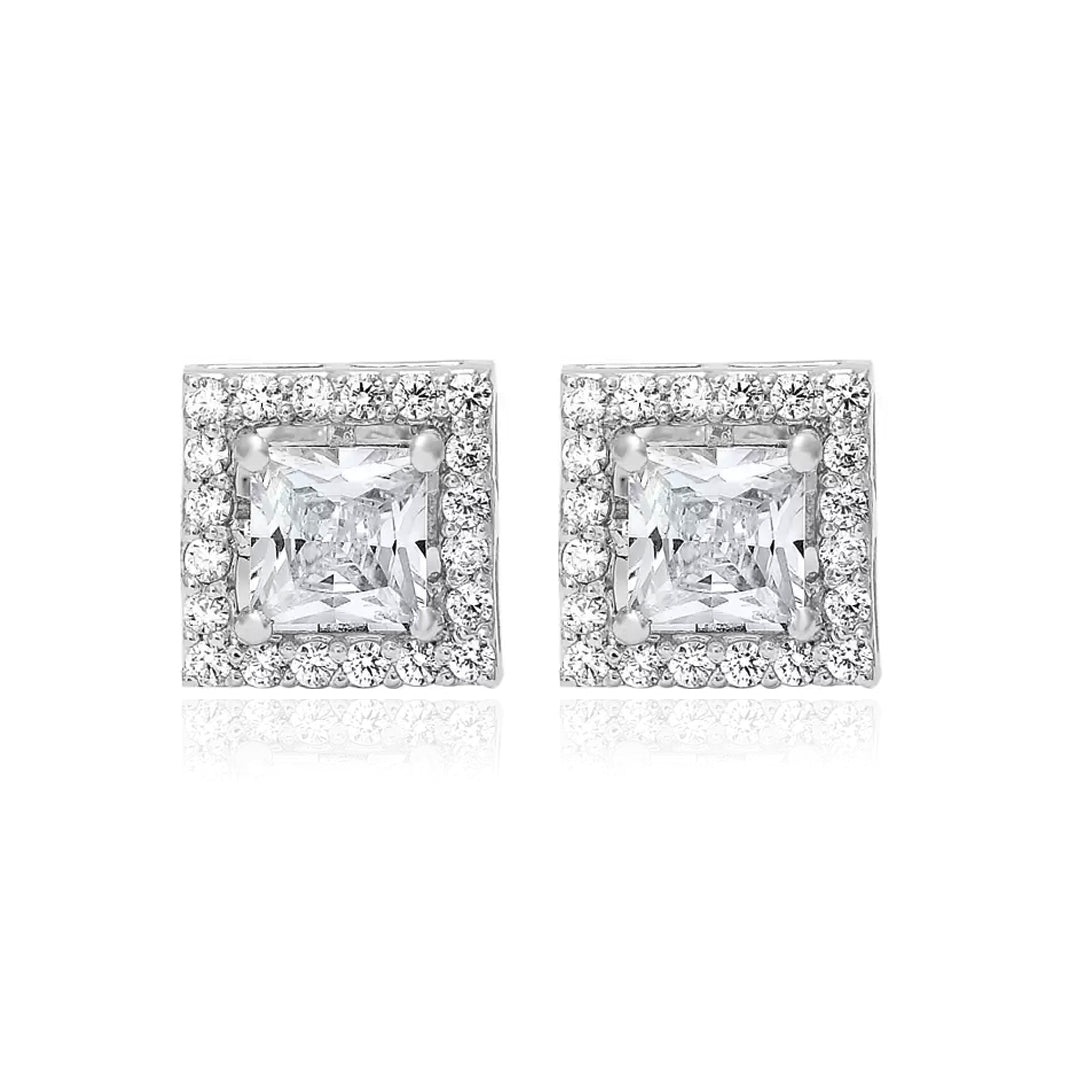 Clustered CZ Square Stud Earrings in Sterling Silver