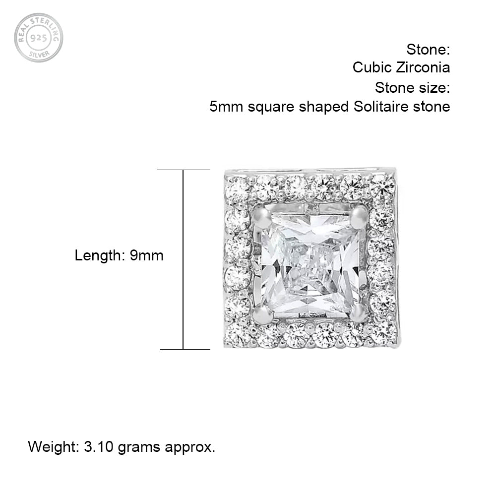 Deatils for Square-Shaped Silver Studs Adorned with Cubic Zirconia Clusters